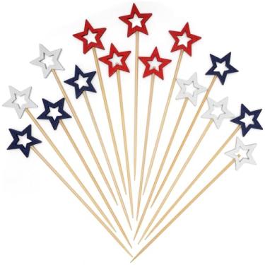 Imagem de Minisland Mixed Red Blue White Star Cocktail Picks, 5.5 Inch Long Bamboo Fancy Toothpicks for Appetizers, Independence Day Holiday Party Food Drinks Garnish Fruit Skewer Sticks 50 Counts -MSL435