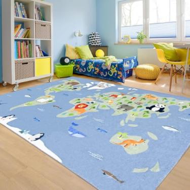 Imagem de Lacomfy Tapete infantil 12 x 18 cm, supergrande, mapa-múndi infantil, oceano, continentes, educacional, animal, zoológico, antiderrapante, para meninos, meninas, quarto, sala de jogos, azul