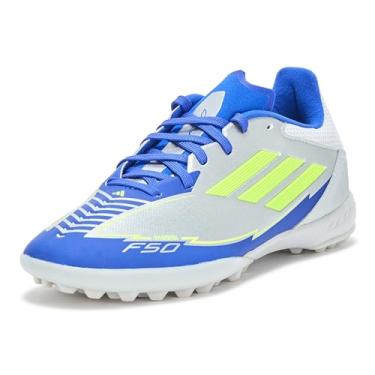 Imagem de adidas Tênis unissex adulto F50 League Messi Turf, Prata metálico/amarelo solar/azul lúcido, 13 Women/12 Men