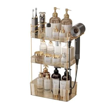 Imagem de akinbas Organizador de banheiro de 3 andares, bandeja de perfume, de bancada, organizador de cuidados com a pele, vem com suporte para secador de cabelo e escova de dentes para cômoda de banheiro