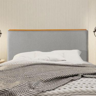 Imagem de Cabeceira Cama Box Casal 1,40m Estofada Detalhe em Madeira Java Linho 