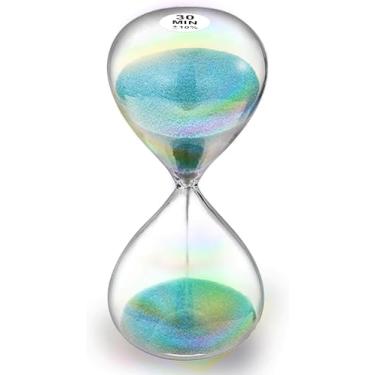 Imagem de SuLiao Ampulheta com temporizador de areia de 30 minutos, relógio de areia turquesa, relógio de areia grande de 30 minutos, colorido Biloba Puff minimalista ampulheta de vidro para casa, mesa,