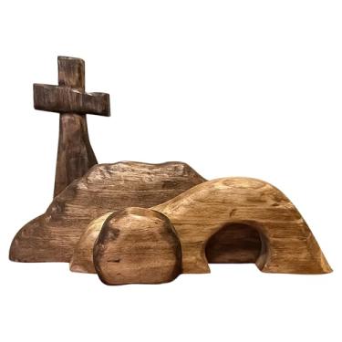 Imagem de Presépio de madeira, decoração de Páscoa, túmulo vazio da ressurreição de Jesus, cruz religiosa e bandeja em camadas para casa ou mesa (tumba vazia)
