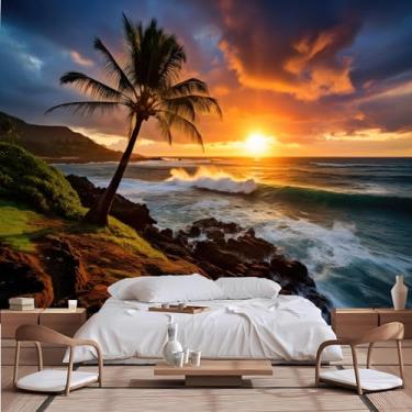 Imagem de Lcythiazole Mural de palmeira, praia, oceano, paisagem marítima, pôr do sol, mural de papel de parede, foto grande para quarto, sala de estar, fundo de TV, tamanho personalizável