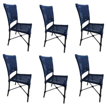 Imagem de Kit 6 Cadeiras Roma Corda Náutica Base em Alumínio Preto/azul Marinho 