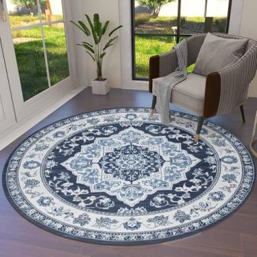 Imagem de EZON-CH Tapete redondo grande para sala de estar, quarto, textura étnica boêmia, vintage, tapetes antiderrapantes de 90 cm para quarto de crianças, antiderrapante, com pelo baixo, lavável, tapetes