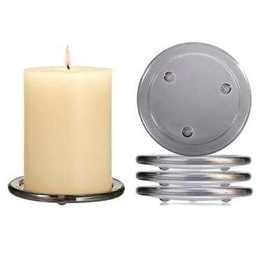 Imagem de OwnMy Conjunto de castiçais de pilar de vidro de 5 peças - Placas de vela de pilar de vidro de 7,6 cm, base redonda com suporte de vela, placas e bandejas transparentes para mesa de jantar de