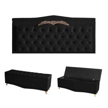 Imagem de Kit Barcelona Cabeceira De Cama Painel E Calçadeira Baú King 195 Cm Suede Preto Do Lar Móveis E Decoração