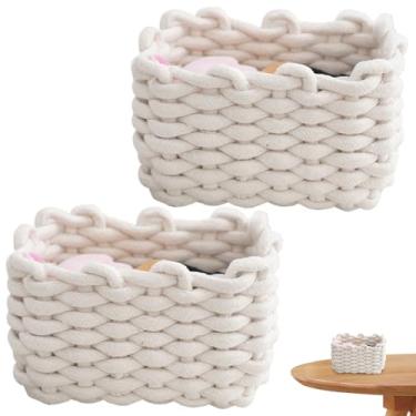 Imagem de Cesta de corda de algodão 2 peças cesta de corda de algodão, 19 x 14 x 12 cm cestas fofas, cesta de tricô trançada, cestas de tecido de mesa para armazenamento controle remoto, lanches, maquiagem