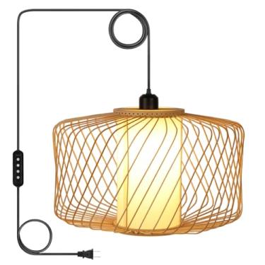 Imagem de LALISU Luminária Pendente De Vime Com Encaixe, Luminária Suspensa Estilo Boho Com Abajur Trançado, Luminária De Teto Com Ajuste De 3 Vias E Temporizador Para Sala De Estar, Quarto, Casa De Fazenda (