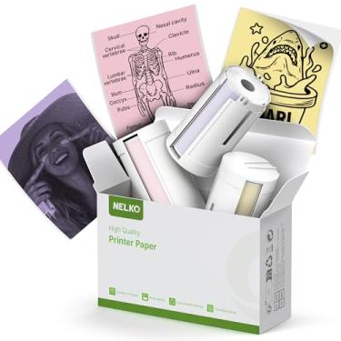 Imagem de Nelko Adesivos genuínos autoadesivos para impressora térmica, compatíveis com mini impressora de adesivos PM230, preto em branco, papel de impressora mini adesivo de 54 mm x 3,5 m, 3 rolos,