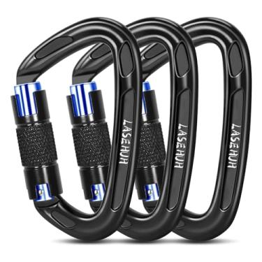Imagem de Lasehuh Mosquetão De Escalada Com Trava Automática 25 Kn, Certificado Pela Uiaa, Em Formato D, Giratória E Mosquetões Resistentes Para Rapel, Tamanho Grande, 99 Cm (Preto Azul - 3 Peças)