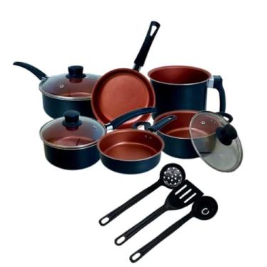 Imagem de Jogo Panela Caçarola Conjunto Kit 9 Pçs Antiaderente Tampa Vidro Teflon