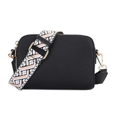 Imagem de EVVE Bolsa tiracolo feminina moderna com zíper triplo pequena bolsa transversal para câmera com alça larga para guitarra, Preta (alça de correia)