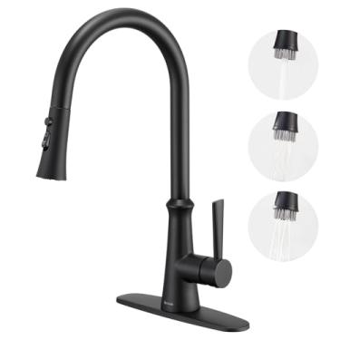 Imagem de Aktines Torneira de cozinha com pulverizador de 3 funções, torneira de pia de cozinha de aço inoxidável de arco alto com escova de limpeza e placa de deck incluídas, preto fosco