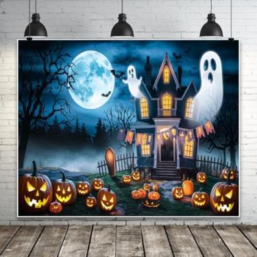 Imagem de Pano de fundo de Halloween 3 x 2,4 m Happy Halloween Party Backdrop Castelo Assombrado Fantasma Lanterna Abóbora Morcegos Fundo Assustador Banner Lua Noite Assustador Decorações de Festa Adereços de