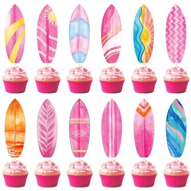 Imagem de Pink Surfboard Cupcake Toppers 24pcs Surfing Surfboard Birthday Party Decorations for Girls Summer Beach Surf Party Baby Shower Supplies