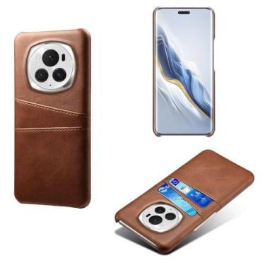 Imagem de Capas Compatível com Honor Magic6 Pro,Caso de couro PU-Tampa de telefone a prova de choque com 2 slots de cartão,Proteção anti-impressão digital e anti-gota-Brown