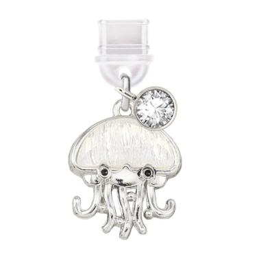 Imagem de ELISE & FONDA TP765 Tipo-C porta de carregamento antipoeira pequeno cristal água-viva pingente de celular para iPhone 15/16/Samsung/OnePlus/Xiaomi/oppo telefones Android (branco)