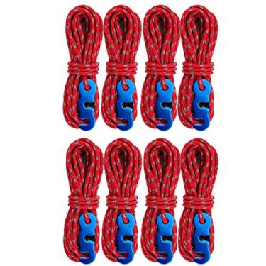 Imagem de Pacote de cordas reflexivas de 3 mm da Azarxis, corda de guyline para barraca de alta resistência e leve, 3 metros por peça, com 4 unidades de ajustador de cabo de alumínio para amarrar alças de amarrar, barraca de acampamento, embalagem externa (vermelho - pacote com 8)