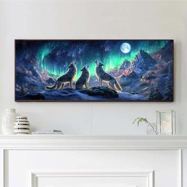 Imagem de VAIIEYO Kits de arte de diamante grande para adultos, lobo, arte de diamante, aurora, luar, kits de pintura de diamante grande, tela redonda de strass, para decoração de parede de casa, presente 30 x