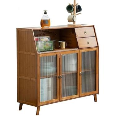 Imagem de Armário De Cozinha Portas De Vidro Armário De Armazenamento De Buffet De Cozinha De Vidro Armário De Vinho Gavetas De Armazenamento De Chá Sala De Estar Em Casa, Dark Brown, (95X35X101CM)