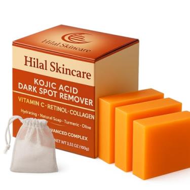 Imagem de Sabonete De Ácido Kójico Para Correção De Manchas Escuras Com Cúrcuma, Retinol, Ácido Hialurônico, Vitamina C, Vitamina E, Colágeno, Manteiga De Karité E Azeite De Oliva. Inclui Bolsa De Sabão Grát