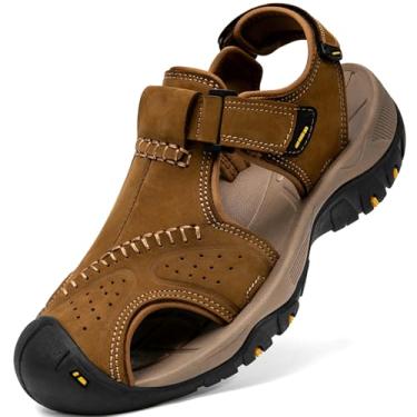 Imagem de Boveshorn Sandálias esportivas masculinas de couro com bico fechado, trilhas, atividades ao ar livre, praia, trilha, pesca, água, leve, confortável, à prova d'água, B - cáqui, 42