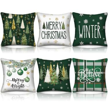 Imagem de HunnmingRe 6 conjuntos de capas de almofada de inverno em aquarela de Natal 45,7 x 45,7 cm para decoração sazonal decorativa ao ar livre para sofá, varanda, casa de fazenda (verde)