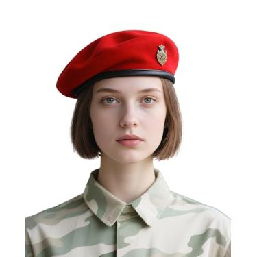 Imagem de Boinas para mulheres e boinas masculinas - Boina militar estilo exército dos EUA 100% lã, visual vintage de oficial britânico., Vermelho, G