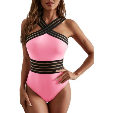 Imagem de Mulheres Plus Size One Piece Maiôs Controle De Barriga Maiô Frente Crossover Swimwear Strapless Monokinis, Pink, XL