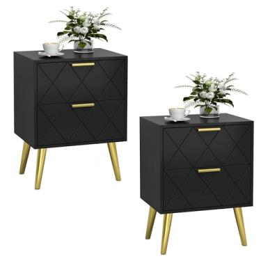 Imagem de Mesa de cabeceira preta com 2 gavetas, mesa lateral com pernas douradas, mesa de cabeceira estilo moderno, cômoda para sala de estar, quarto, MLBZ09BU-2