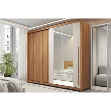 Imagem de Guarda Roupa Casal 2 Portas de Correr (1 Ripada e 1 c/ Espelho) e 4 Gavetas Romanus Double Lux Freijo/Off White - Caemmun