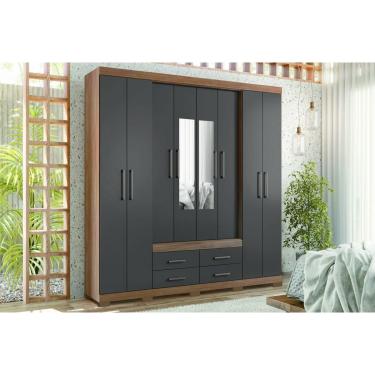 Imagem de Guarda Roupa Casal 8 Portas (2 c/ Espelho) e 4 Gavetas c/ Pés Nápoles Jatobá/Grafite - Santos Andirá