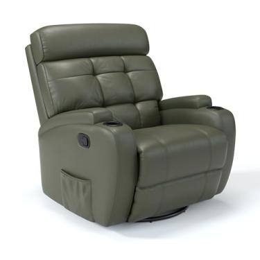 Imagem de Poltrona do papai Reclinável Manual Com base Giratória e Balanço em Couro Bovino (Verde Militar)