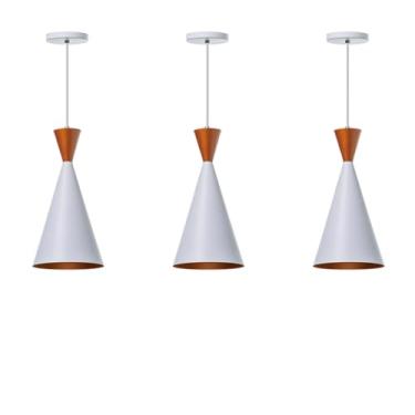 Imagem de Kit 3 Lustre Pendente Cone Sala Cozinha Churrasqueira(Branco topo cobre)