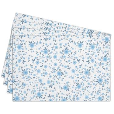 Imagem de Jogo americano de linho de algodão à prova d'água, conjunto de 4, tapetes de mesa florais azuis para decoração de cozinha, jantar, mesa de café, mesa de cafeteria, lavável ao ar livre/interno -N030