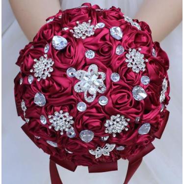 Imagem de Buquê de casamento Mhojpik 9.8 Flor de rosa artificial vermelha escura
