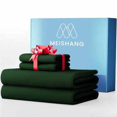 Imagem de MEISHANG Lençóis de algodão 1000 fios Queen Size - 100% algodão egípcio, tecido acetinado, macio e respirável, certificado Oeko-Tex, bolsos profundos de 40 cm - 4 peças (Queen, verde floresta)