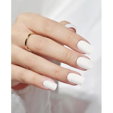 Imagem de 24 peças de unhas curtas quadradas com cola gelatinosa, kit reutilizável de unhas postiças de gel macio para mulheres e meninas com recurso de revestimento protetor UV, faça você mesmo, unhas brancas