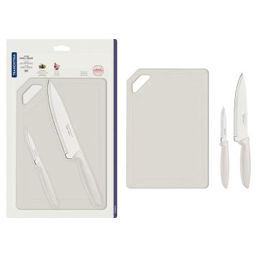 Imagem de Conjunto de Facas e Tábua de Corte Tramontina Plenus em Aço Inoxidável - Off-White - 3 Peças