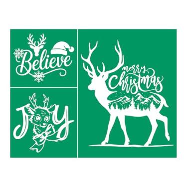 Imagem de Estêncil de tela de seda autoadesivo de alce de Natal, estêncil de impressão de tela Believe para artesanato, transferências de giz, estêncil reutilizável para pintura em madeira, camiseta de tecido