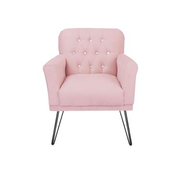 Imagem de Poltrona Estofada Para Hall de Entrada Pés de Ferro Anitta Suede Rosa Bebe - LM DECOR