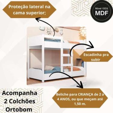 Imagem de Beliche Infantil Mini Cama Colchão Ortobom 150x70 Incluso 100% MDF - A