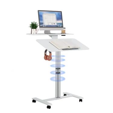 Imagem de TecbL Mesa de rodagem pneumática inclinável de 0 a 90°, altura ajustável de até 117 cm, mesa de 80 x 45 cm, mesa de pé com rodas, mesa ajustável com prateleira para casa, escritório, escola (branca)