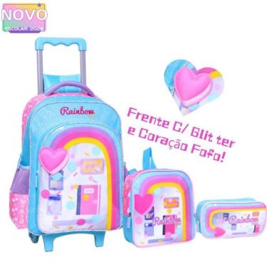 Imagem de Kit Mochila Rodinha Glitter e Coração Fofo Arco-íris Grande Infantil E