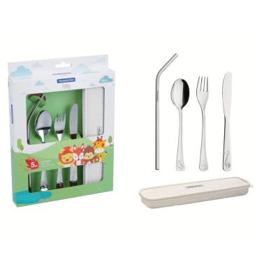 Imagem de Conjunto de Talheres com Estojo Canudo Infantil 5 Peças Inox BPA Free Tramontina