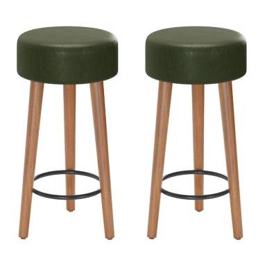 Imagem de Kit 02 Banquetas Baixa Cozinha Paris Estofada D-33 Pés de Madeira Rosqueáveis Corano Verde - Desk Design