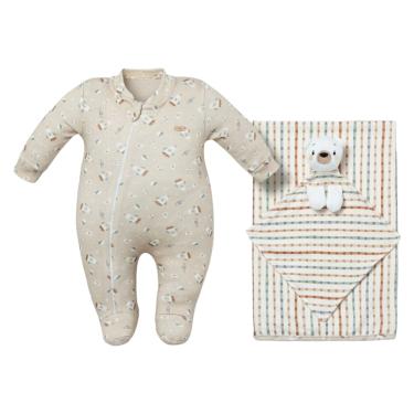 Imagem de Kit Macacão Bebê Menino + Cueiro + Naninha Be Brave -Hug