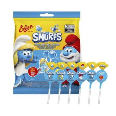 Imagem de Pirulito Erlan Smurfs Tutti-Frutti Pinta Língua Recheado 480g